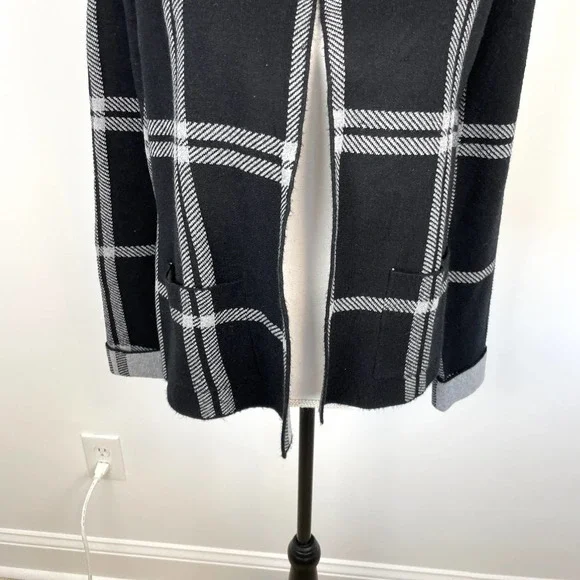 Rain Windowpane Open Front Sweater Jacket In Black Gray Size Small New - Picture 3 of 10